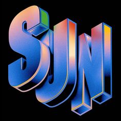 an image of the word sun in 3d type on a black background with blue and pink colors