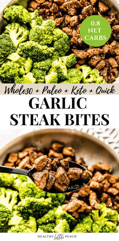 the ingredients for garlic steak bites in a bowl with broccoli