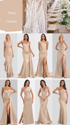 a collage of photos showing different styles of bridesmaid dresses and gowns