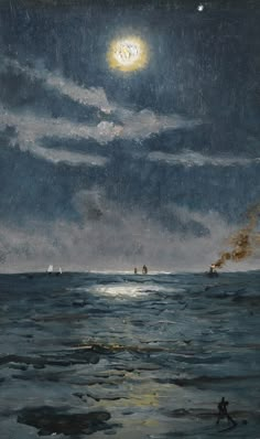 an oil painting of people in the ocean at night