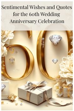 an anniversary card with the number sixty and presents in gold, white, and silver