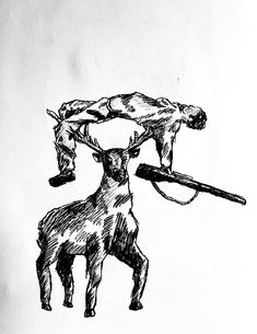 an ink drawing of a man on the back of a deer with a knife in it's mouth