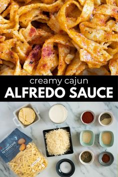 the ingredients for this creamy cajun alfredo sauce are shown