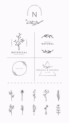 the botanical logo design is shown in black and white, with different types of plants