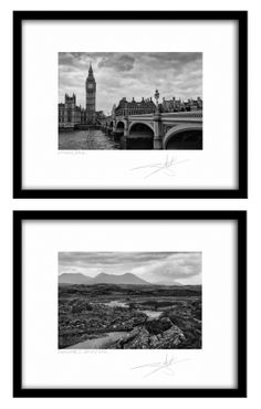 two black and white pictures with the same image in them, one has a clock tower on it