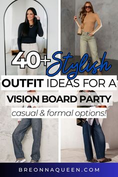 four photos with the words 40 stylish outfit ideas for a vision board party casual & formal options