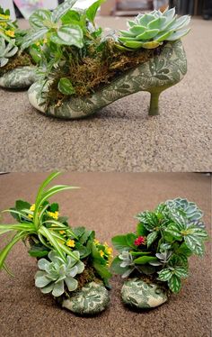 there are two pictures of shoes made out of plants on the ground and one has flowers in them