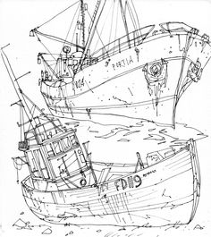 a drawing of a boat in the water with other boats around it and some writing on the side