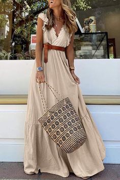 Beige Bohemian Solid Color Dress, V Neck Sleeveless Dress, Maxi Dress Elegant, Butterfly Sleeve Dress, Party Maxi Dress, A Line Maxi Dress, Boho Beach Dress, Maxi Dress Outfit, Mode Boho