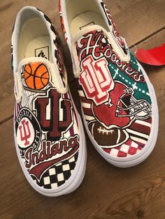 Indiana University custom vans. Can be done with your school, college or logo, to your specifications. Message me to start designing your own pair! Custom Hey Dudes, College Shoes, Hs Football, Basketball Canvas, Custom Jean, Indiana University Bloomington, Painting Shoes, Painted Shoes Diy, Custom Jean Jacket