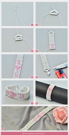 instructions to make a beaded bracelet with pink and white beads on the bottom, along with