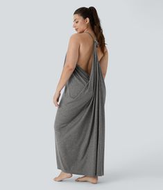 Women’s V Neck Backless Tie Back Ruched Maxi Resort Plus Size Slip Dress - Halara Plus Size Slip Dress, Elegant Maxi Dress, Maxi Bridesmaid Dresses, Maxi Slip Dress, Plus Size Maxi, Bleach Wash, Dresses Backless, Long Sleeve Maxi, Maxi Dress With Sleeves