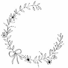 a black and white drawing of a flower wreath