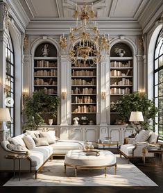 a living room filled with lots of white furniture