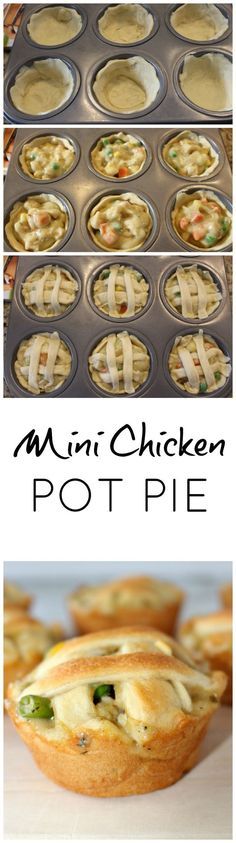 mini chicken pot pies in muffin tins with text overlay that reads mini chicken pot pie