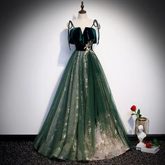 Dark Green Prom Dress, Gold Lace Dresses, Green Tulle, فستان سهرة, A Line Prom Dresses, Custom Size Dresses, Green Prom Dress, Vestidos Prom, Ball Gowns Prom