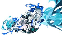 an anime character is flying through the air with blue and white paint on his body