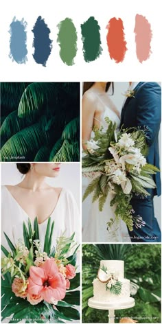 wedding color palettes in shades of green, pink and blue with flowers on them