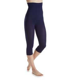 Banish lumps, bumps and ripples! These seamless, high-waisted leggings target your hips, thighs, tummy, waist and lower back. Made of nylon and spandex. Two-ply, fine-ribbed waistband stays in place with a snug fit. Waist has rib-knit shaping zones that wrap around from sides to back for a more trim, defined silhouette. Seamless body. Capri-length legs shape and tone from thighs down to below knees. Tagless. Sewn-in crotch gusset panel adds mobility and comfort, and helps prevent "camel toe." Rh Black Compression Capri-length Yoga Pants, 4-way Stretch Sports Leggings Capri Length, Sporty Stretch Capri-length Leggings, Blue 4-way Stretch Nylon Leggings, Blue Stretch Capri-length Leggings, Capri Leggings, Lower Back, High Waisted Leggings, Shapewear