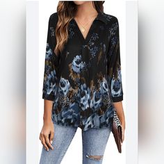 New Timeson Floral Print V Neck Blouse 3/4 Sleeve Tunic Tops Women Xl New With Tags Brand Timeson Size Xl Color Black/Blue Measurements Are Approximate Pit To Pit 21" Length 30.5" V Neck Pullover 3/4 Sleeve Winkle Free Double Layers Soft & Stretchy Fully Lined Body Not See-Through Made In China 95% Polyester 5% Spandex Note: Actual Items May Differ Slightly In Color Than The Photographs, Depending Upon The Screen Resolution. Fast Shipping & Offers R Welcome Fall Floral Print Half Sleeve Blouse, Floral Print 3/4 Sleeve Work Blouse, Black 3/4 Sleeve Blouse For Spring, Floral Print Workwear Blouse With 3/4 Sleeves, Floral Print 3/4 Sleeve Workwear Blouse, Printed V-neck Rayon Tops, Winter Floral Print V-neck Top, Floral Print Viscose V-neck Blouse, Casual V-neck Top With Butterfly Print