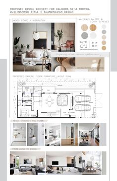 the floor plan for a modern apartment with lots of furniture and decor in white tones