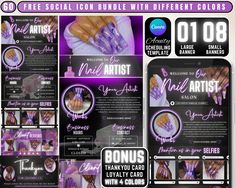 the front and back pages of nail artist's business cards with images of their manies