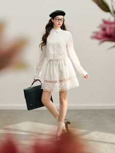 White Lace Trim Shirt | CHINASQUAD Lace Trim Shirt, Content Space, Blouse Skirt, Hollow Design, Set Up, Shirt Skirt, Font Size, White Skirts, Preppy Style