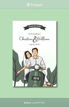 a wedding card with a couple on a scooter