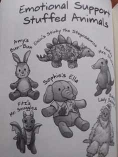 an open book with drawings of stuffed animals and other animal names on the front cover