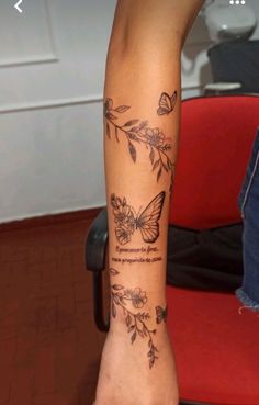 Thigh Memorial Tattoos, Flower Vine Sleeve Tattoos For Women, Tattoos That Go With Butterflies, Vine And Butterfly Tattoos For Women, Lotus Flower Wrap Around Arm Tattoo, Hibiscus Butterfly Tattoo, Butterfly With Vines Tattoo, Butterfly Tattoo With Vines, Butterfly Tattoos For Women Arm