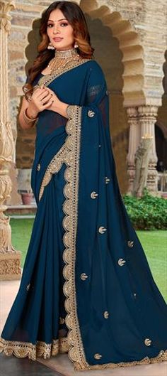 Blue color Saree in Georgette fabric with Embroidered, Sequence, Thread work Blue Embroidered Fabric For Reception Festivals, Blue Embroidered Fabric For Reception And Festivals, Blue Embroidered Fabric For Festivals And Reception, Blue Embroidered Fabric For Festival Reception, Blue Embellished Saree For Festivals, Blue Embroidered Fabric For Reception, Blue Embroidered Fabric For Reception With Traditional Drape, Blue Cutdana Embroidered Fabric For Reception, Elegant Blue Embroidered Saree Fabric