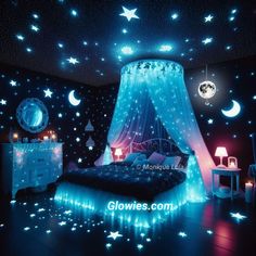 a bedroom with stars and moon lights on the ceiling is lit up by blue light