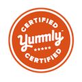 the certified yummy logo is orange and white with stars on it's center