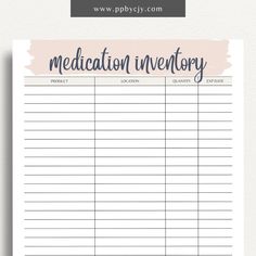 a medical inventory sheet with the words medication inventory written in pink and blue on it