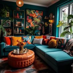 a living room filled with lots of colorful furniture