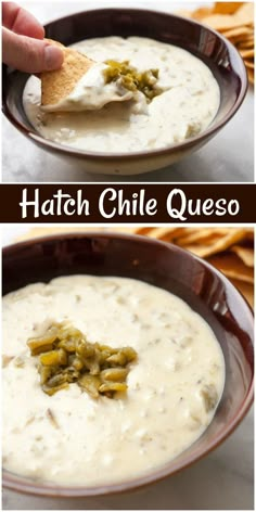 two pictures showing how to make hatch chile quesadilla soup with cheese and jalapenos