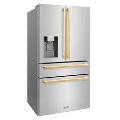 a stainless steel refrigerator freezer with gold trimmings and two doors on both sides