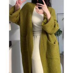 Color: Green, Size: One Size Women Long Cardigan, Áo Len Cardigan, Cardigan Vintage, Long Sleeve Knitted Cardigan, Korean Fashion Casual, Winter Cardigan, Collars For Women, Oversized Cardigan, Loose Sweater