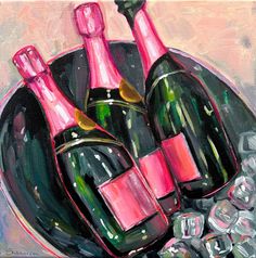 a painting of two wine bottles in a bowl