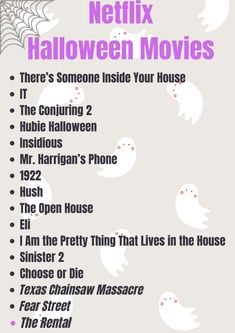 the netflix halloween movies list is shown in purple and white, with ghost's on it