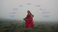 a woman in a red dress standing on top of a foggy field with words above her