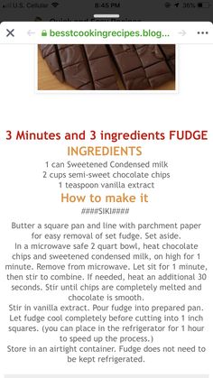 the recipe for chocolate fudge is shown on an iphone screen, and it appears to be