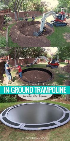 an in ground trampoline is shown with two men working on the back yard