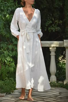 Our Anais Linen Provence Dress in White – Luxe Provence - A Slow Fashion Brand from the South of France French Bleu, Sukienki Maksi, Linen Wrap Dress, Provence Style, White Linen Dresses, French Blue, Comfortable Dress, Linen Clothes, Linen Dresses