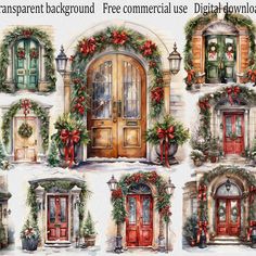 christmas door decorations and wreaths with red bows on them are shown in this watercolor painting