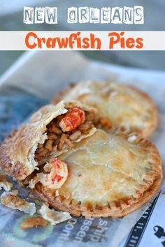 some food that is on top of a newspaper with the words new orleans's crawfish pies