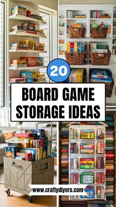 several different pictures with the words board game storage ideas on them and in front of it