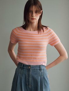 Editor's Notes The cropped sweater has a boat neck design. - Reveals neck and collarbone for a slimming, feminine look- Comfortable to wear with the flexible fabric- Dropped shoulders to cover the arms- Mix of pink and orange stripesMeasurements(in.)S / M- Length: 16.54 in. / 16.77 in. - Chest: 15.75 in. / 16.73 in. - Sleeve: 8.07 in. / 8.31 in. Model info: Height 5' 9'', Bust 31.5 in., Waist 23.23 in., Hip 35.04 in. / Height 5' 9'', Bust 33.46 in., Waist 24.02 in., Hip 35.43 in. / Height 5' 9.5'', Bust 31.1 in., Waist 24.41 in., Hip 35.04 in.Composition & Care- Shell: 51% Rayon, 28% Polyester, 21% Nylon- Dry clean separately (check care label)Designer- by JOY GRYSON Fitted Pointelle Knit Cropped Sweater For Spring, Chic Crew Neck Cropped Sweater For Summer, Chic Pointelle Knit Cropped Sweater For Summer, Chic Cropped Pointelle Knit Sweater For Summer, Chic Summer Cropped Sweater Pointelle Knit, Pink Fitted Cropped Knit Top, Cropped Sweater For Summer, Fitted Pink Cropped Knit Top, Spring Pink Cropped Knit Top