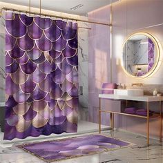 a bathroom with a purple shower curtain and rug