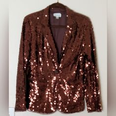 Joan Rivers Collection Sequin Jacket Brown Size M, Has 2 Front Pockets, One Button Front Closure And Sheer Georgette Trim Around The Collar, Top Of Pockets, Sleeves And Jacket Hems. It Has Princess Seams In Front And Back For Great Shaping. Approximate Measurements: Shoulder 16", Bust 40", Sleeves 24", Length 26". New Without Tags. Fall Party Outerwear With Button Closure, Fall Party Outerwear With Buttons, Button-up Outerwear For Fall Party, Button-up Outerwear For Party In Fall, Brown Long Sleeve Blazer For Night Out, Brown Spring Party Blazer, Vintage Outerwear With Button Closure For Party, Vintage Party Outerwear With Button Closure, Brown Party Outerwear For Spring